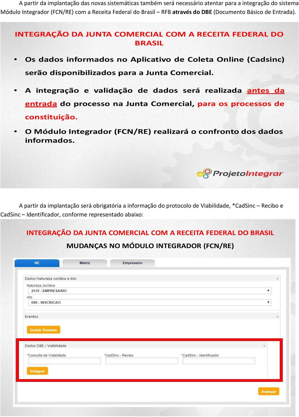 INTEGRAÇÃO DA JUNTA COMERCIAL COM A RECEITA FEDERAL DO BRASIL Os dados informados no Aplicativo de Coleta Online (Cadsinc) serão disponibilizados para a Junta Comercial.