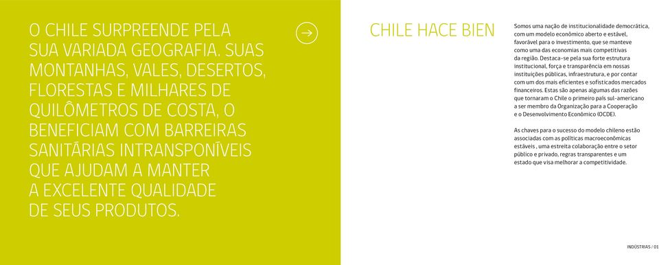 Chile hace bien Somos uma nação de institucionalidade democrática, com um modelo econômico aberto e estável, favorável para o investimento, que se manteve como uma das economias mais competitivas da