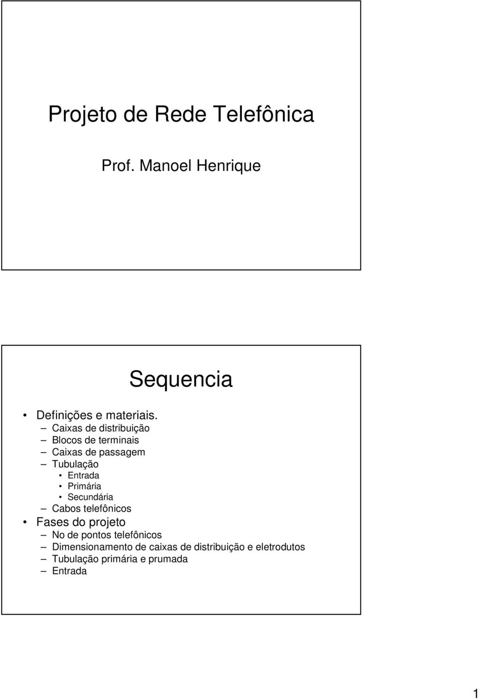 Primária Secundária Cabos telefônicos Fases do projeto No de pontos telefônicos