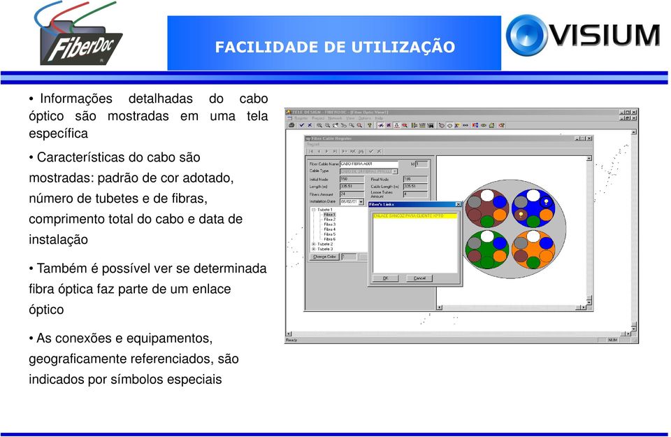 comprimento total do cabo e data de instalação Também é possível ver se determinada fibra óptica faz