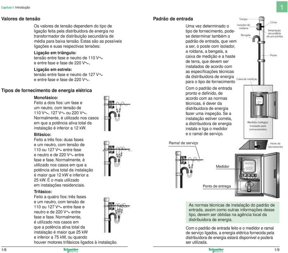 127 Va e entre fase e fase de 220 Va. Tipos de fornecimento de energia elétrica Monofásico: Feito a dois fios: um fase e um neutro, com tensão de 110 Va, 127 Va ou 220 Va.