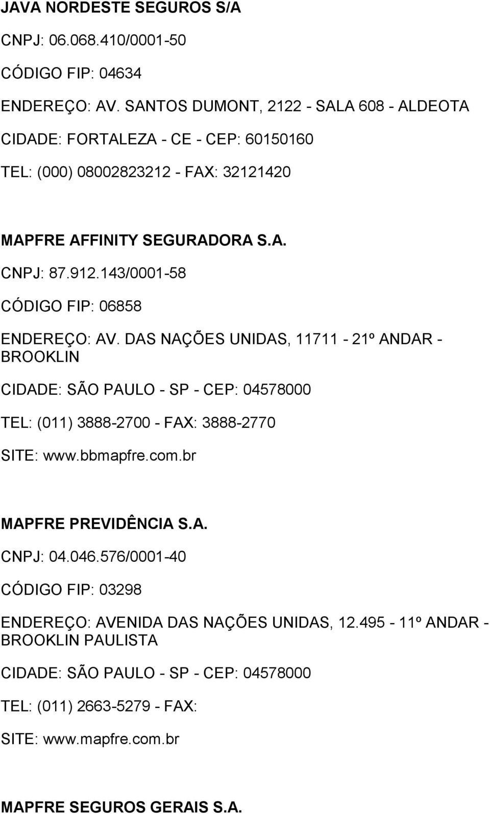 143/0001-58 CÓDIGO FIP: 06858 ENDEREÇO: AV.