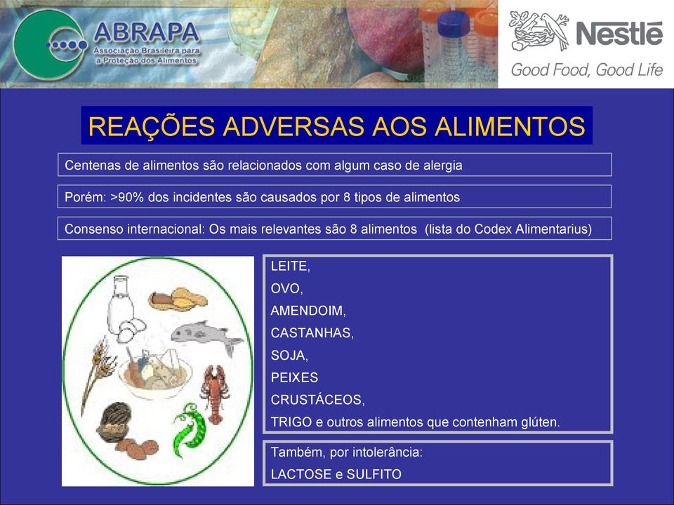 alimentos (lista do Codex Alimentarius) LEITE, OVO, AMENDOIM, CASTANHAS, SOJA, PEIXES