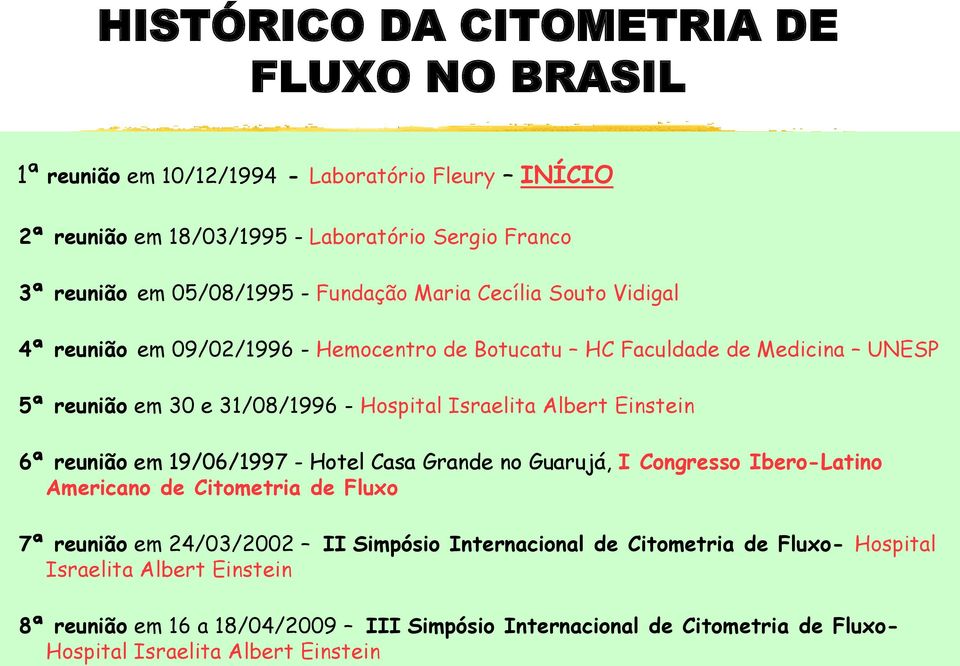 Einstein 6ª reunião em 19/06/1997 - Hotel Casa Grande no Guarujá, I Congresso Ibero-Latino Americano de Citometria de Fluxo 7ª reunião em 24/03/2002 II Simpósio Internacional