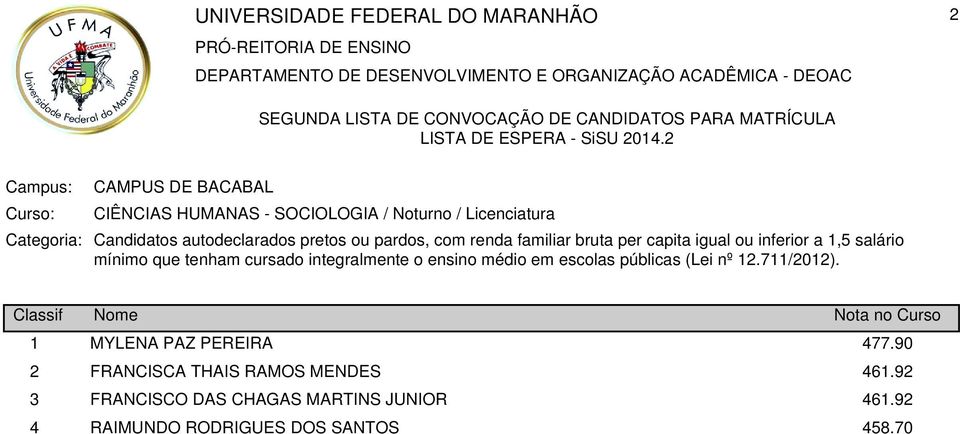 pardos, com renda familiar bruta per capita igual ou inferior a,5 salário mínimo que tenham cursado