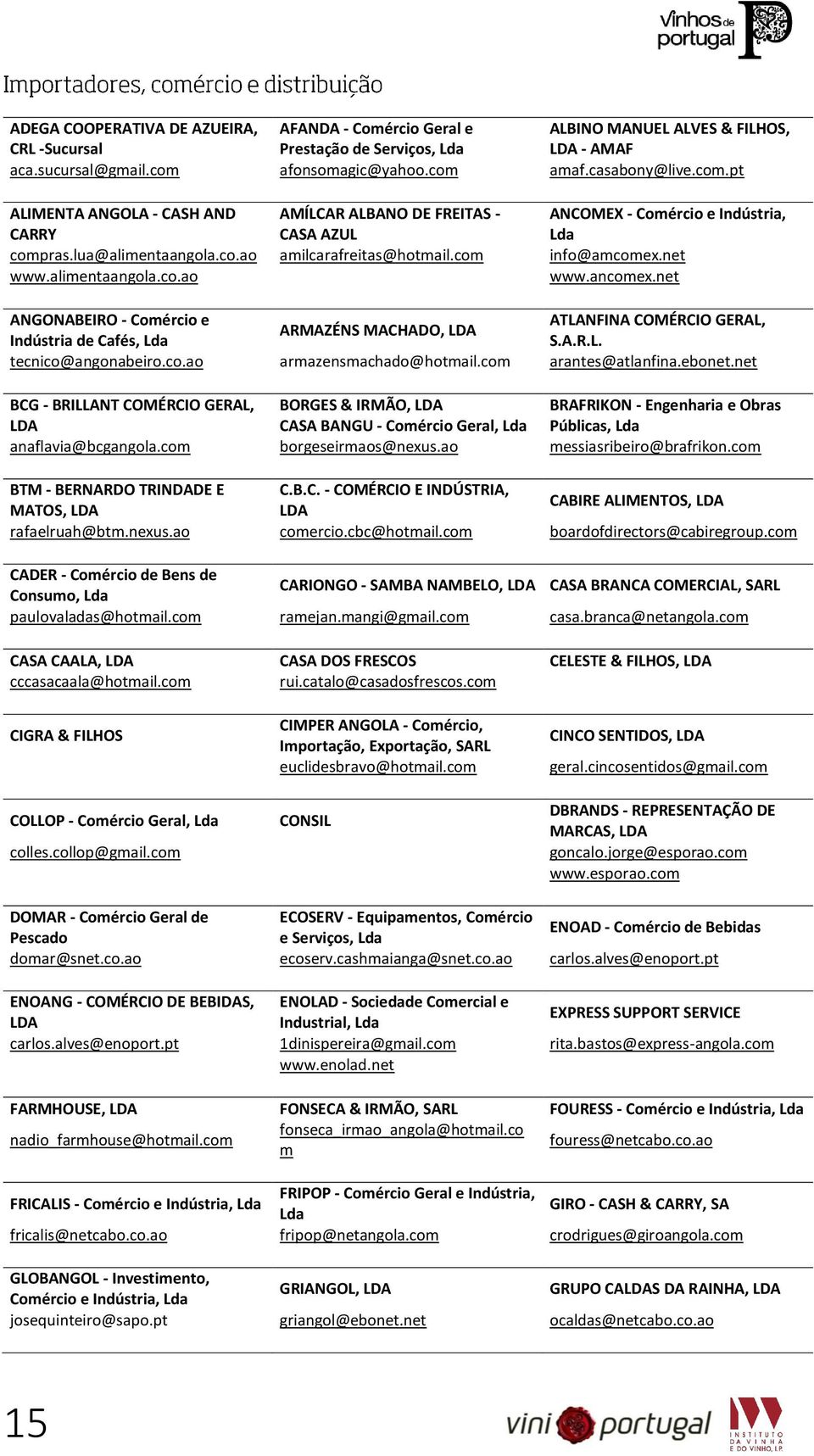 com info@amcomex.net www.alimentaangola.co.ao www.ancomex.net ANGONABEIRO - Comércio e ATLANFINA COMÉRCIO GERAL, ARMAZÉNS MACHADO, LDA Indústria de Cafés, Lda S.A.R.L. tecnico@angonabeiro.co.ao armazensmachado@hotmail.