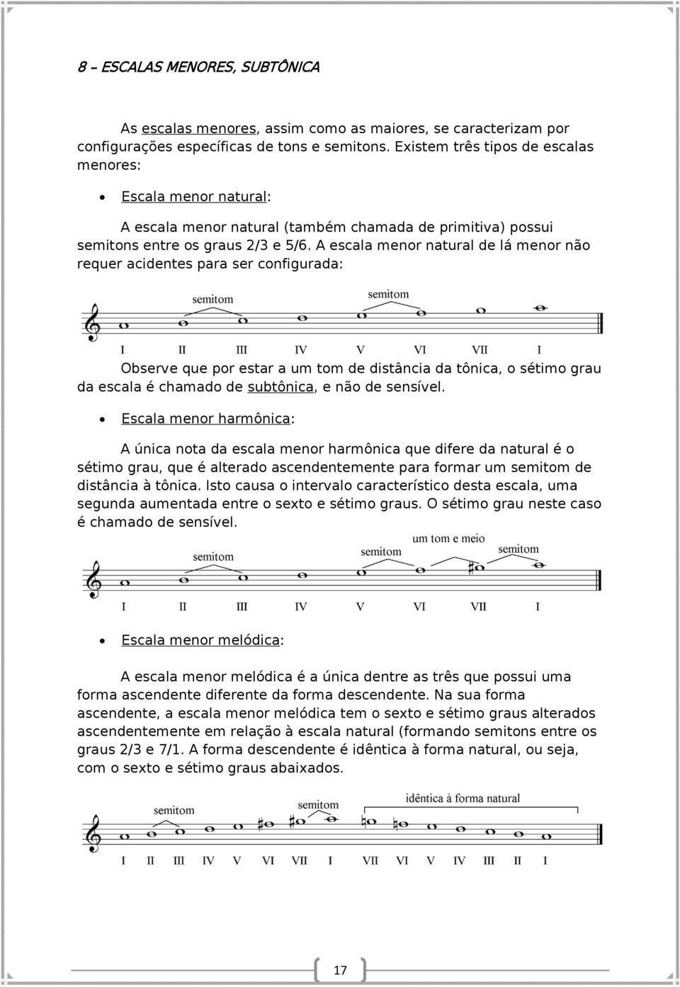 A escala menor natural de lá menor não requer acidentes para ser configurada: Observe que por estar a um tom de distância da tônica, o sétimo grau da escala é chamado de subtônica, e não de sensível.