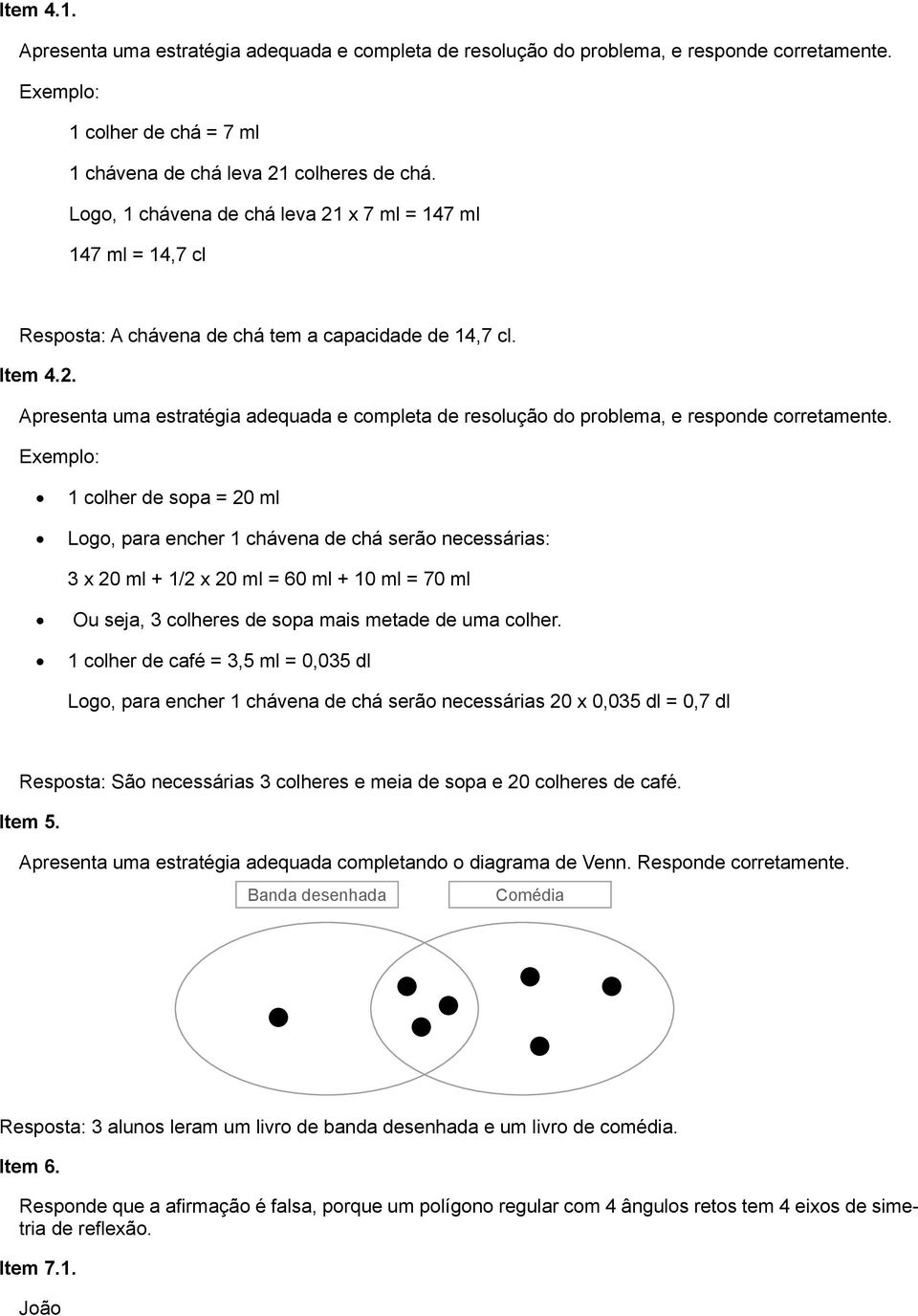 colher de café =,5 ml = 0,05 dl Logo, para encher chávena de chá serão necessárias 0 x 0,05 dl = 0,7 dl Resposta: São necessárias colheres e meia de sopa e 0 colheres de café. Item 5.