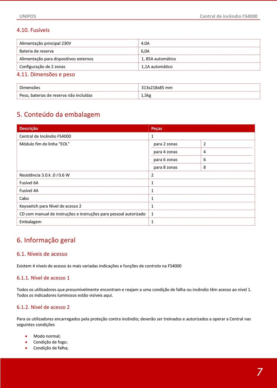 Conteúdo da embalagem Descrição Peças Central de Incêndio FS4000 1 Módulo fim de linha "EOL" para 2 zonas 2 para 4 zonas 4 para 6 zonas 6 para 8 zonas 8 Resistência 3.0.k.0 I 0.