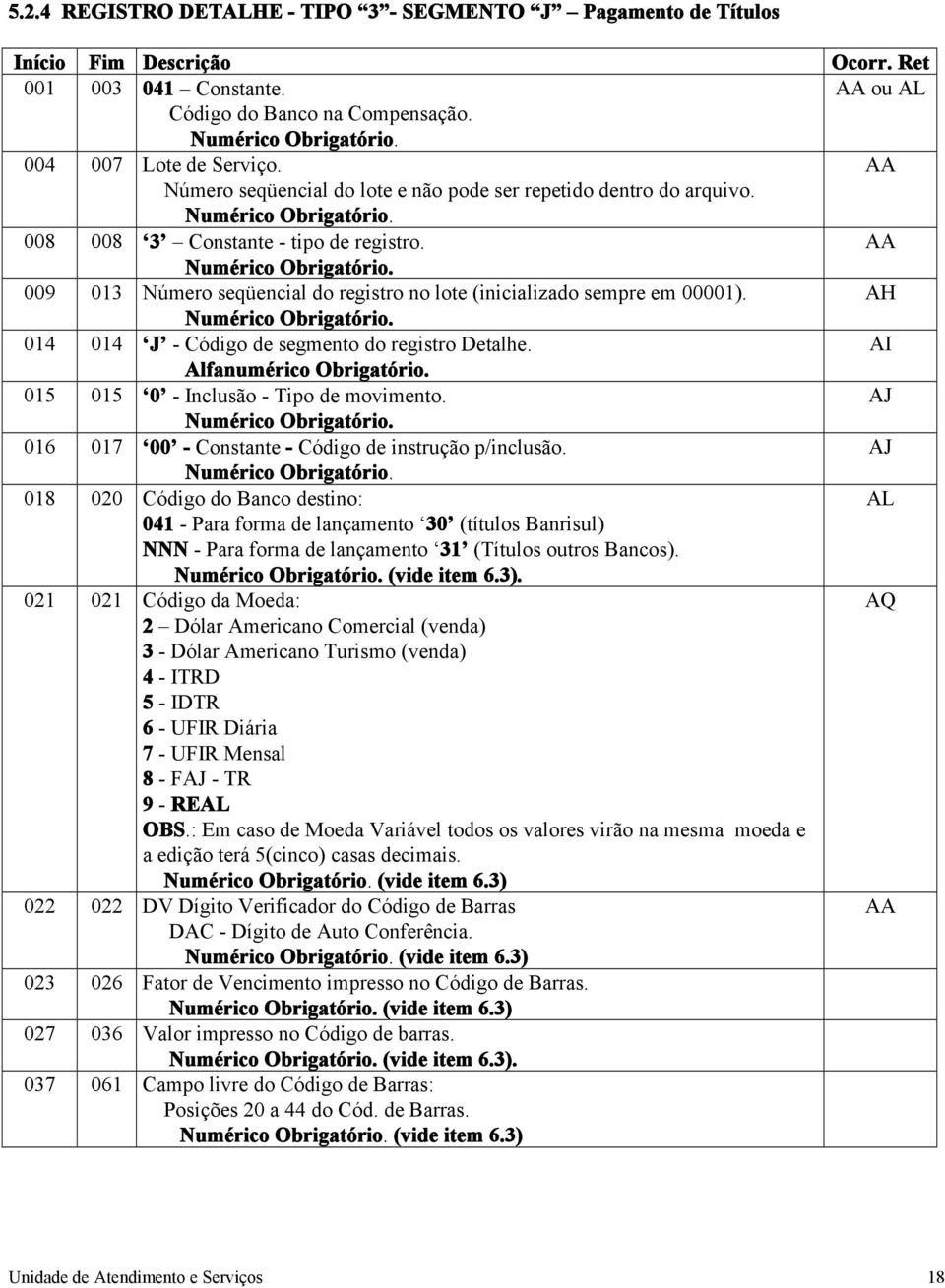 AH 014 014 J - Código de segmento do registro Detalhe. AI Alfanumérico Obrigatório. 015 015 0 - Inclusão - Tipo de movimento. AJ 016 017 00 - Constante - Código de instrução p/inclusão.