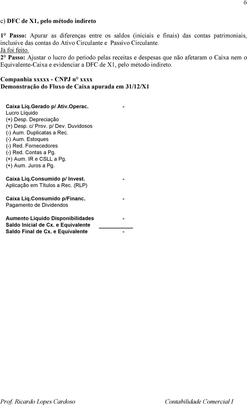 Companhia xxxxx - CNPJ n xxxx Demonstração do Fluxo de Caixa apurada em 31/12/X1 Caixa Líq.Gerado p/ Ativ.Operac. - Lucro Líquido (+) Desp. Depreciação (+) Desp. c/ Prov. p/ Dev. Duvidosos (-) Aum.