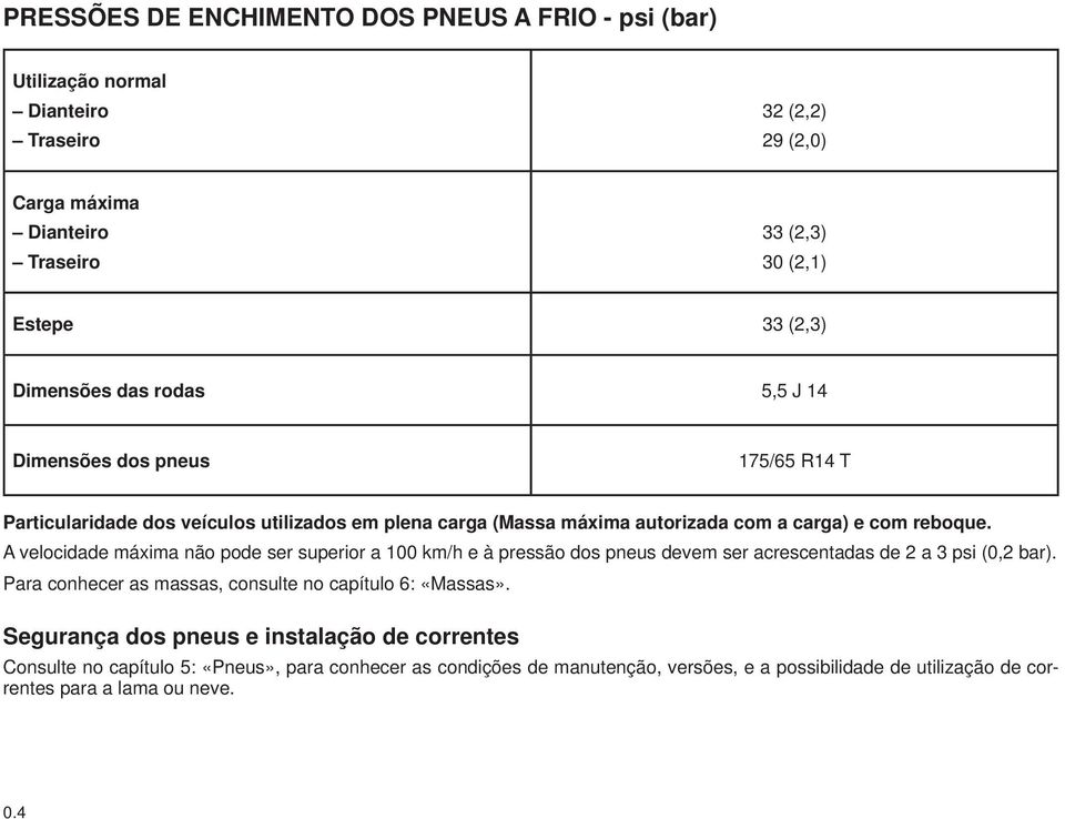 A velocidade máxima não pode ser superior a 100 km/h e à pressão dos pneus devem ser acrescentadas de 2 a 3 psi (0,2 bar). Para conhecer as massas, consulte no capítulo 6: «Massas».