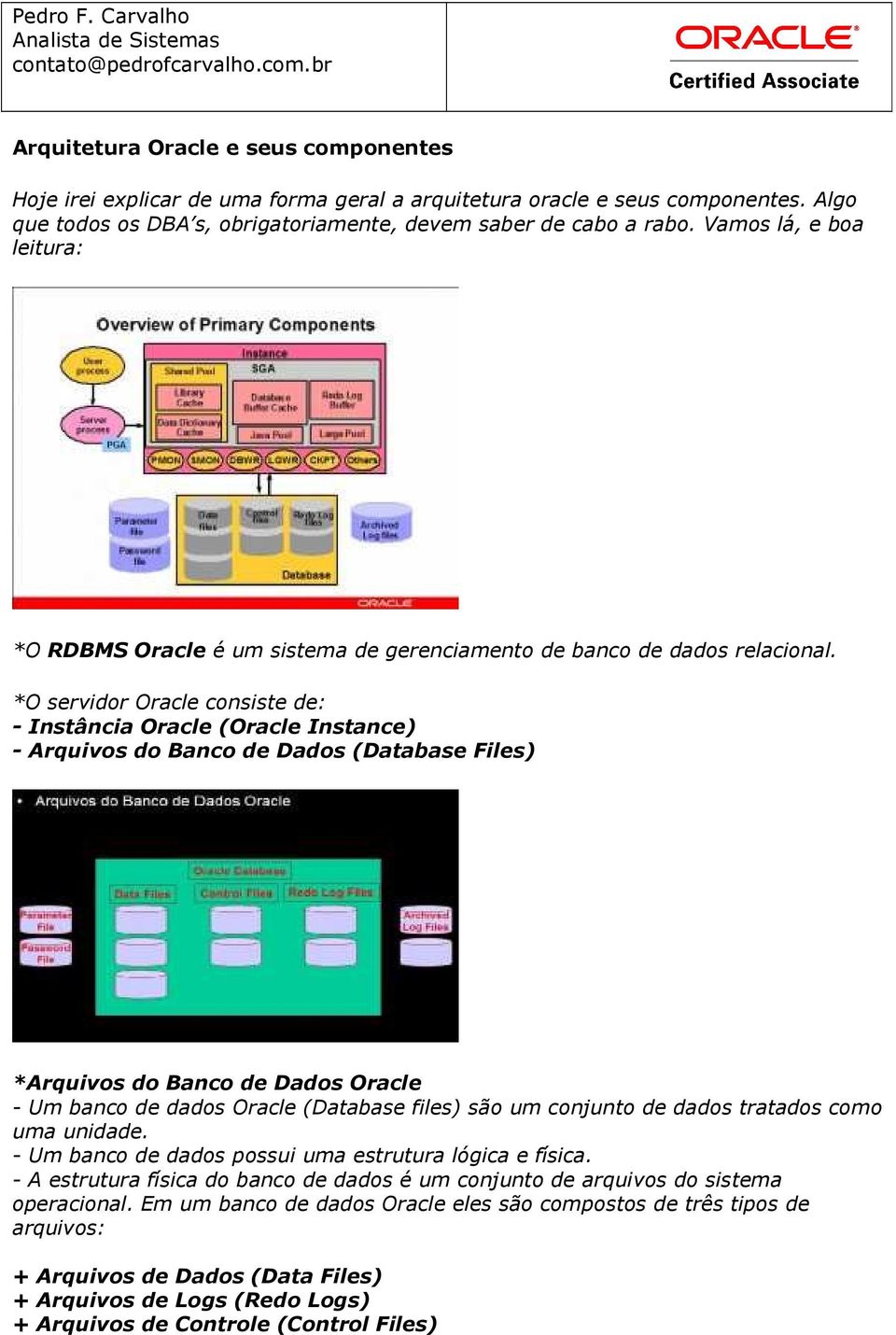 *O servidor Oracle consiste de: - Instância Oracle (Oracle Instance) - Arquivos do Banco de Dados (Database Files) *Arquivos do Banco de Dados Oracle - Um banco de dados Oracle (Database files) são