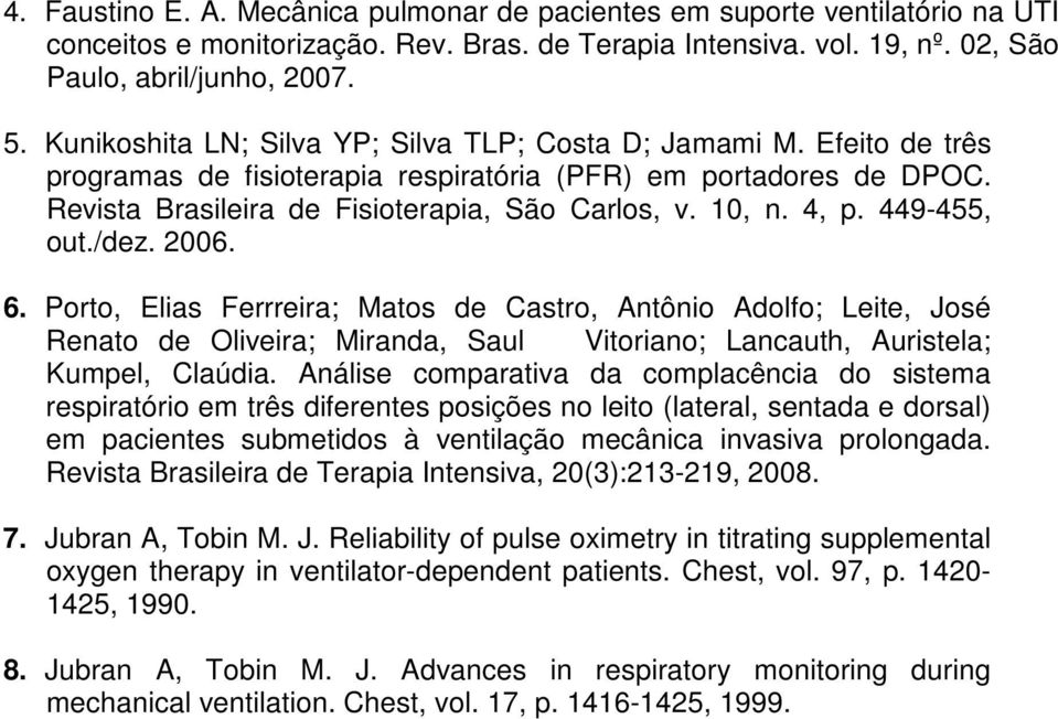 4, p. 449-455, out./dez. 2006. 6. Porto, Elias Ferrreira; Matos de Castro, Antônio Adolfo; Leite, José Renato de Oliveira; Miranda, Saul Vitoriano; Lancauth, Auristela; Kumpel, Claúdia.