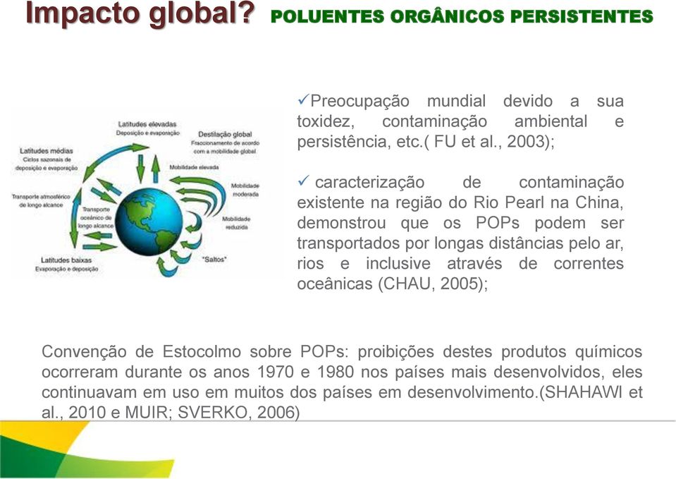 pelo ar, rios e inclusive através de correntes oceânicas (CHAU, 2005); Convenção de Estocolmo sobre POPs: proibições destes produtos químicos ocorreram