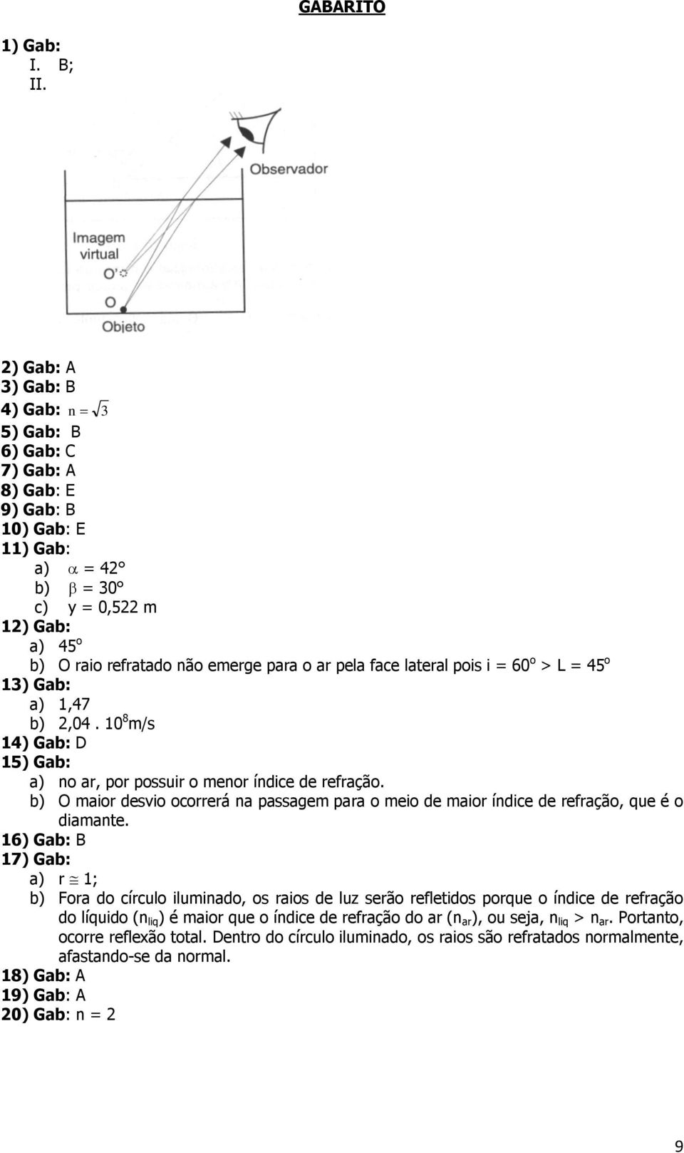 lateral pois i = 60 o > L = 45 o 13) Gab: a) 1,47 b) 2,04. 10 8 m/s 14) Gab: D 15) Gab: a) no, por possuir o menor índice de refração.