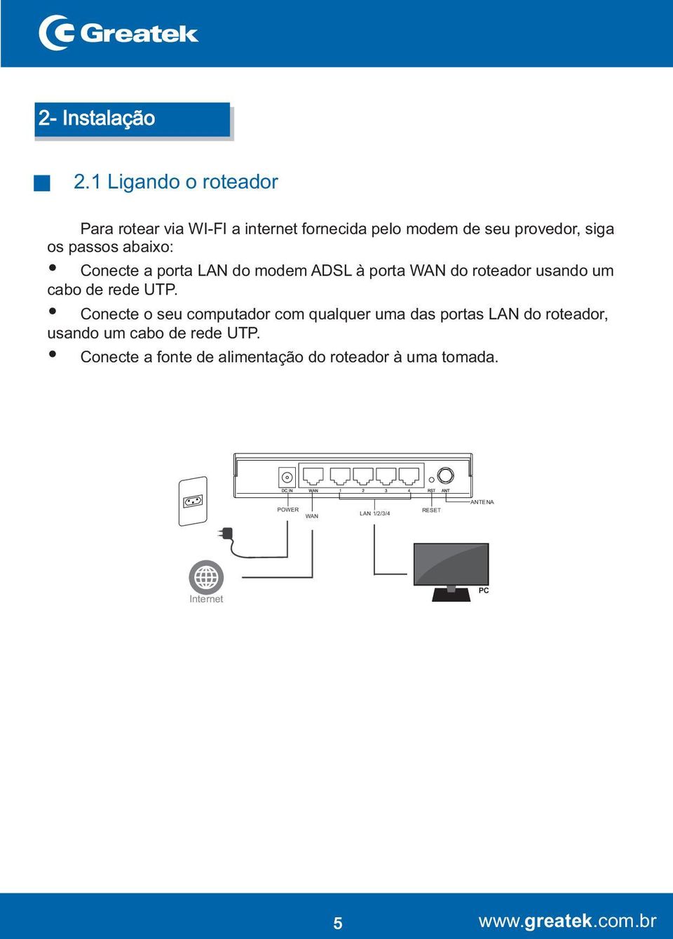 abaixo: Ÿ Conecte a porta LAN do modem ADSL à porta WAN do roteador usando um cabo de rede UTP.