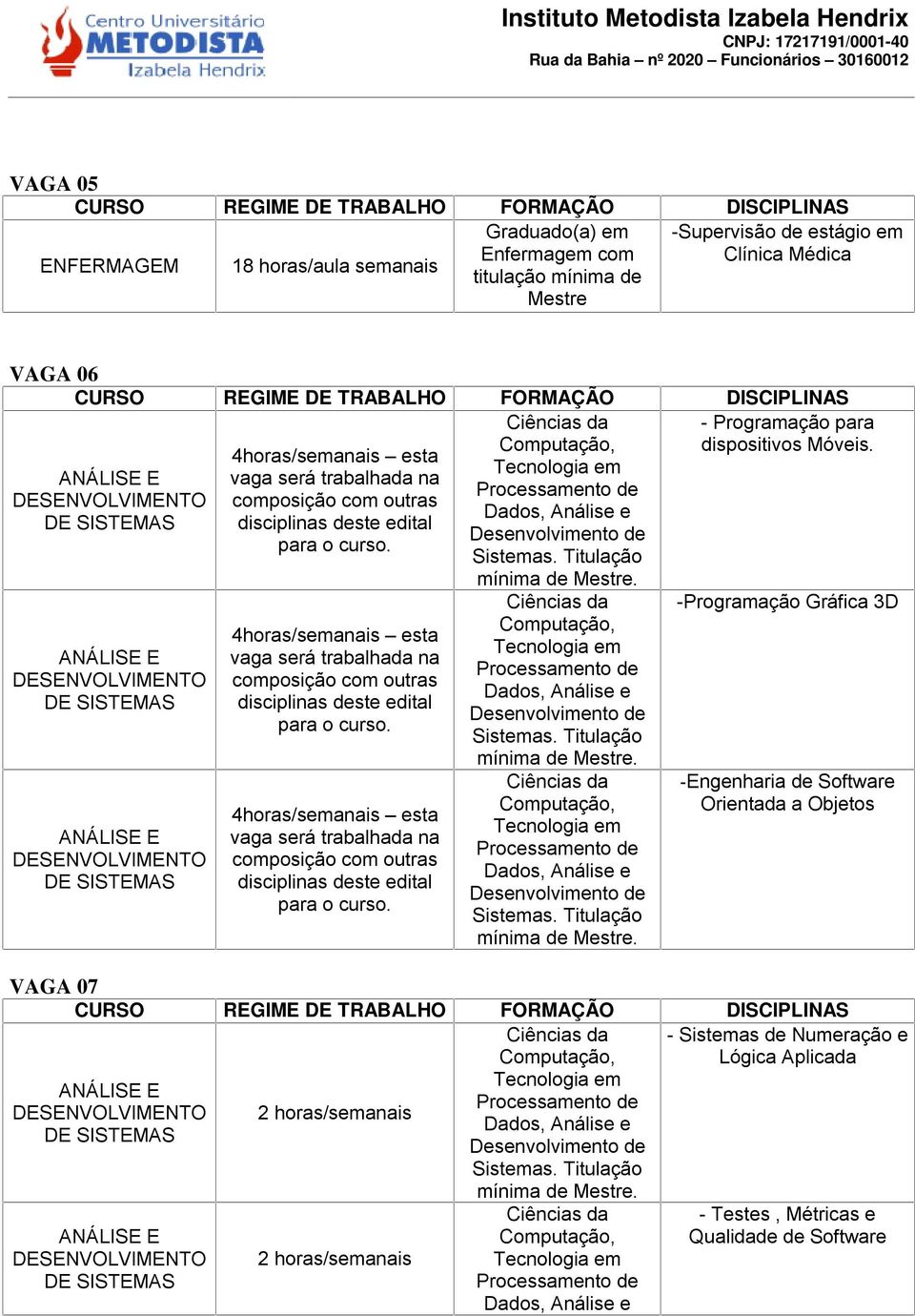 mínima de   mínima de mínima de -Programação Gráfica 3D -Engenharia de Software Orientada a Objetos VAGA 07 2 horas/semanais mínima de 2 horas/semanais - Sistemas de