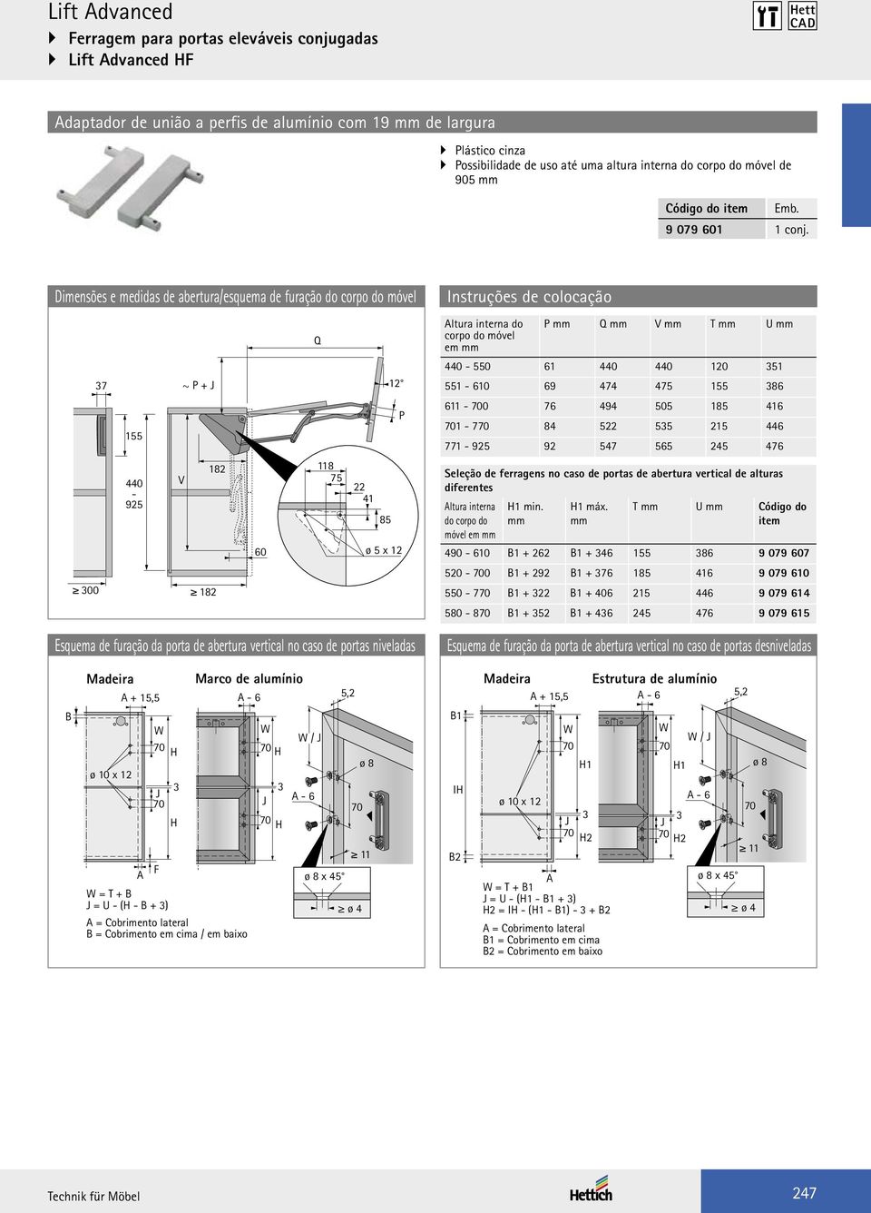 Dimensões e medidas de abertura/esquema de furação do corpo do móvel 300 37 155 440 925 V ~ P + J 182 182 60 Q 118 75 22 41 85 12 P ø 5 x 12 Esquema de furação da porta de abertura vertical no caso