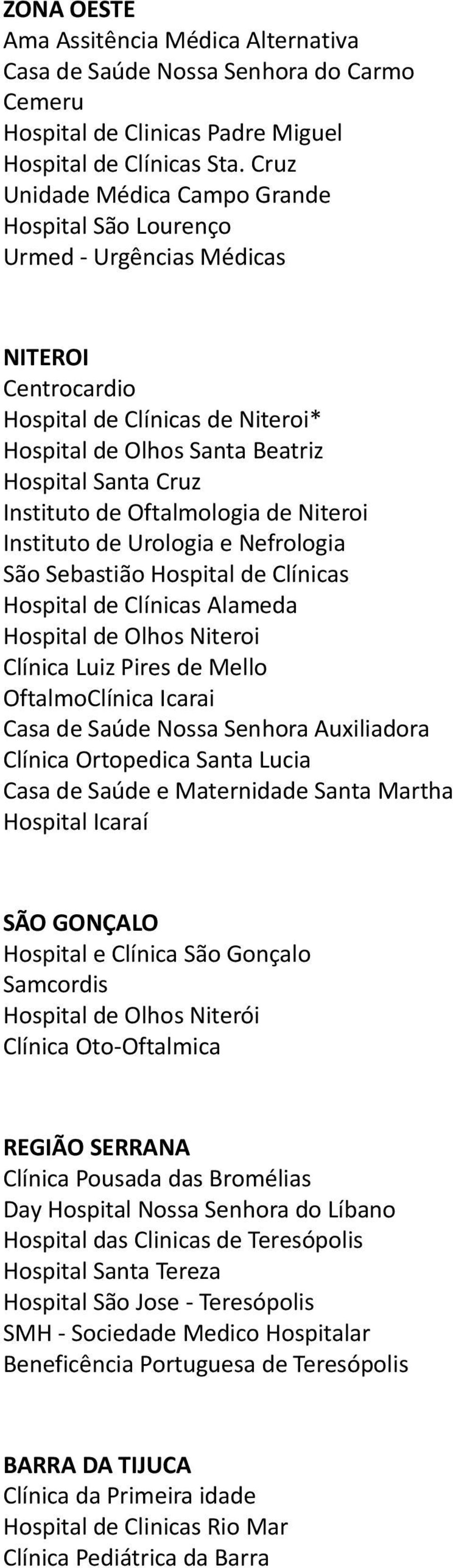 Oftalmologia de Niteroi Instituto de Urologia e Nefrologia São Sebastião Hospital de Clínicas Hospital de Clínicas Alameda Hospital de Olhos Niteroi Clínica Luiz Pires de Mello OftalmoClínica Icarai