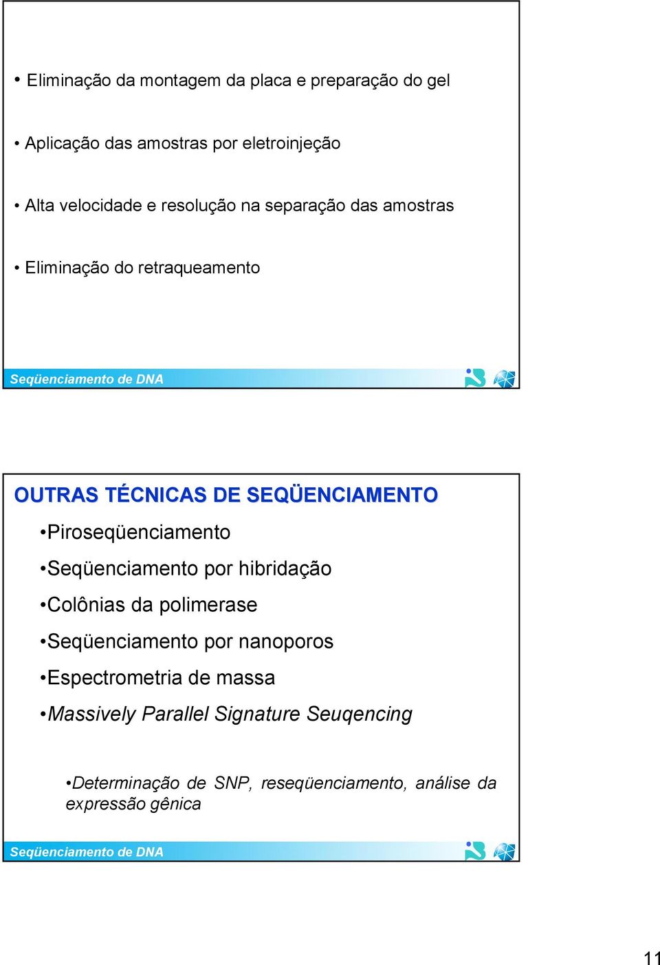 Piroseqüenciamento Seqüenciamento por hibridação Colônias da polimerase Seqüenciamento por nanoporos