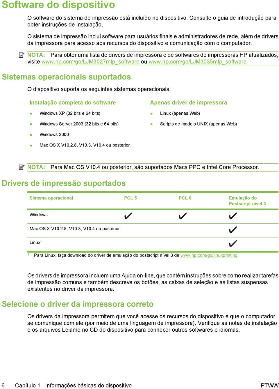 NOTA: Para obter uma lista de drivers de impressora e de softwares de impressoras HP atualizados, visite www.hp.