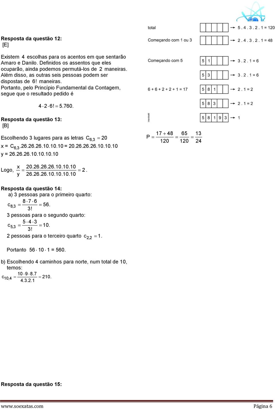 Resposta da questão 13: [B] Escolhendo 3 lugares para as letras C6,3 = 20 x = C 6,3.26.26.26.10.10.10 = 20.26.26.26.10.10.10 y = 26.26.26.10.10.10.10 17+ 48 65 13 P= = = 120 120 24 Logo, x = 20.26.26.26.10.10.10 = 2. y 26.