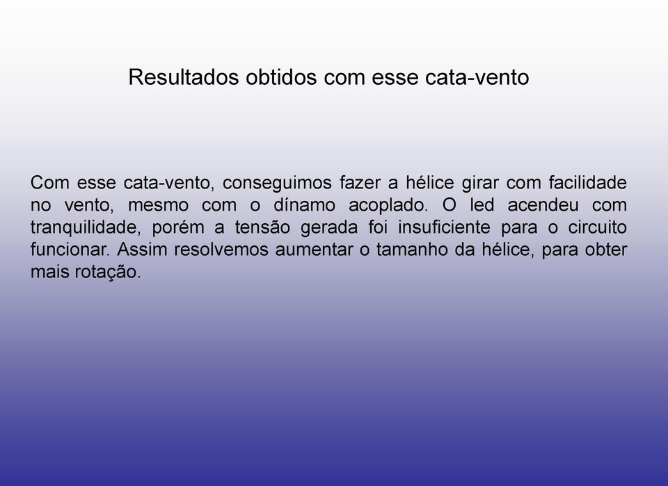 O led acendeu com tranquilidade, porém a tensão gerada foi insuficiente para o