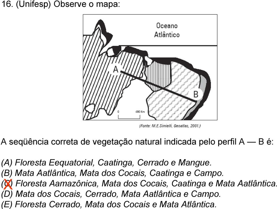 (B) Mata Aatlântica, Mata dos Cocais, Caatinga e Campo.