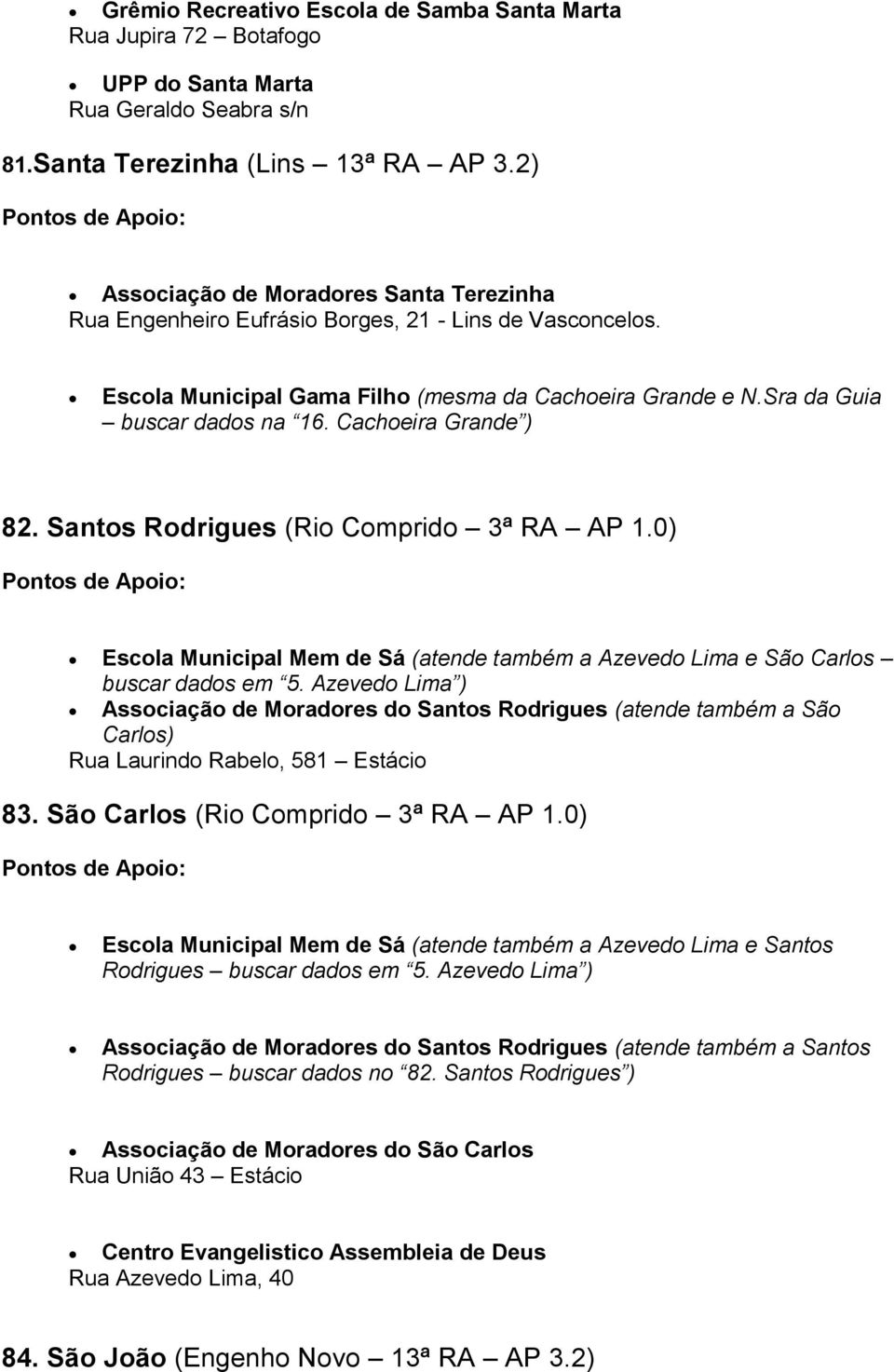 Cachoeira Grande ) 82. Santos Rodrigues (Rio Comprido 3ª RA AP 1.0) Escola Municipal Mem de Sá (atende também a Azevedo Lima e São Carlos buscar dados em 5.