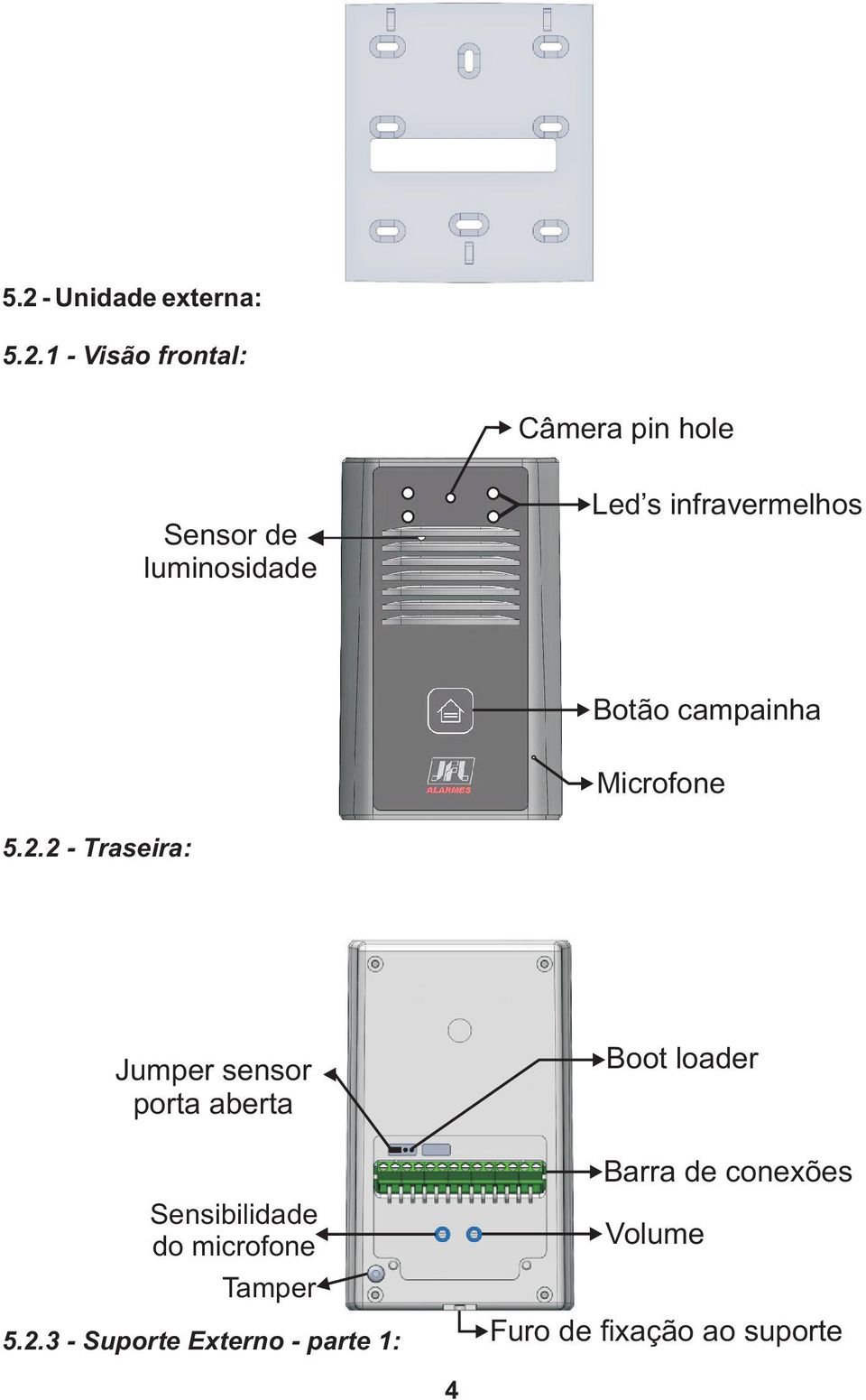 2 - Traseira: Jumper sensor porta aberta Sensibilidade do microfone Tamper 5.