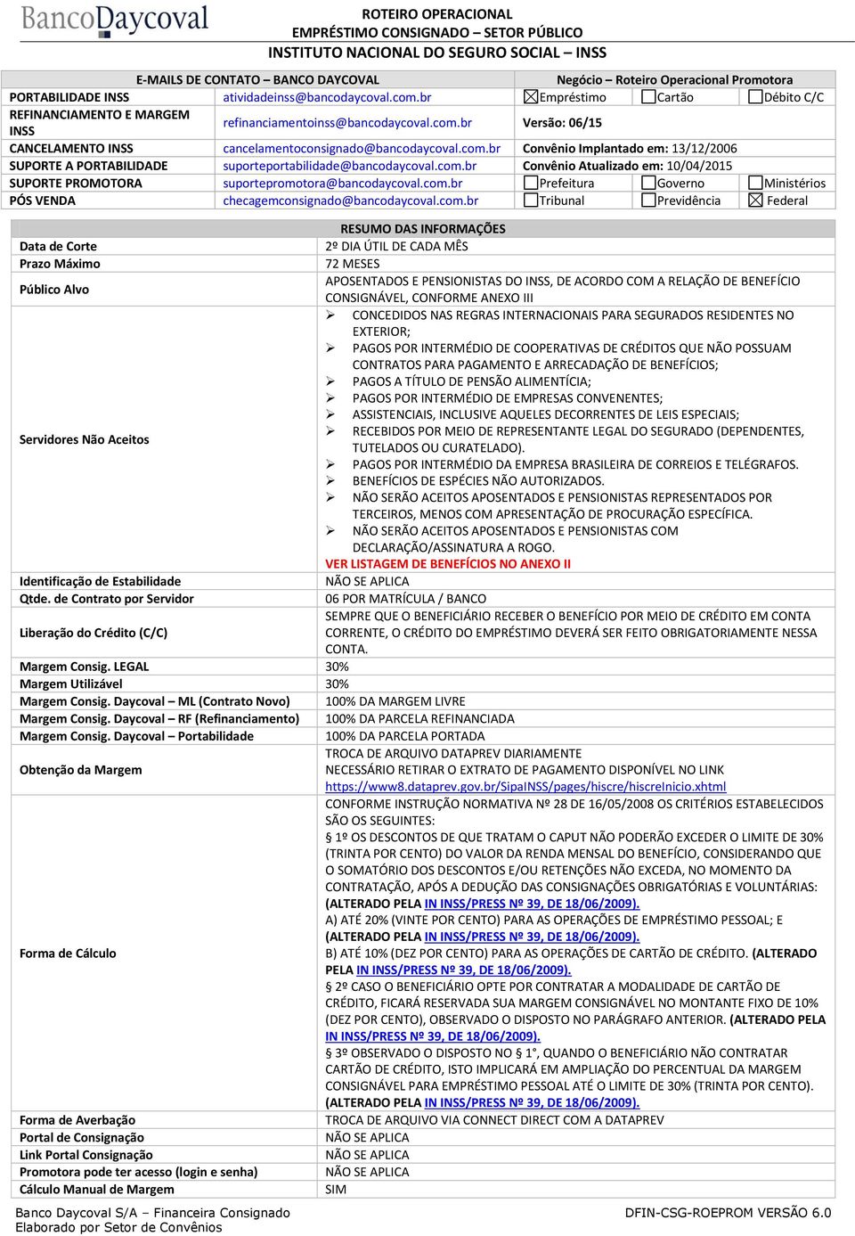 com.br Convênio Atualizado em: 10/04/2015 SUPORTE PROMOTORA suportepromotora@bancodaycoval.com.br Prefeitura Governo Ministérios PÓS VENDA checagemconsignado@bancodaycoval.com.br Tribunal Previdência