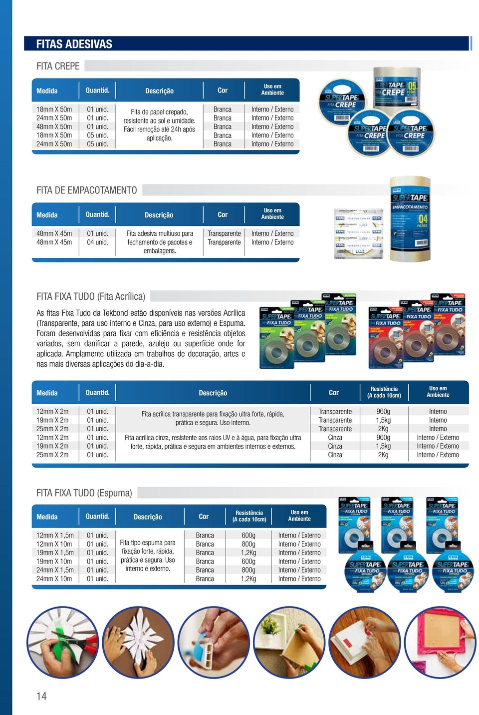 Transparente Transparente FITA FIXA TUDO (Fita Acrílica) As fitas Fixa Tudo da Tekbond estão disponíveis nas versões Acrílica (Transparente, para uso interno e, para uso externo) e Espuma.