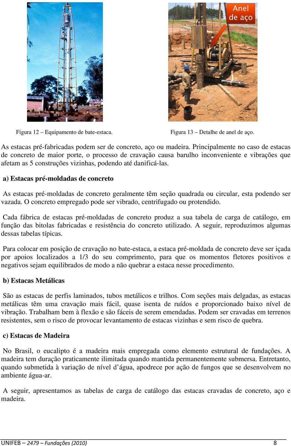 a) Estacas pré-moldadas de concreto As estacas pré-moldadas de concreto geralmente têm seção quadrada ou circular, esta podendo ser vazada.