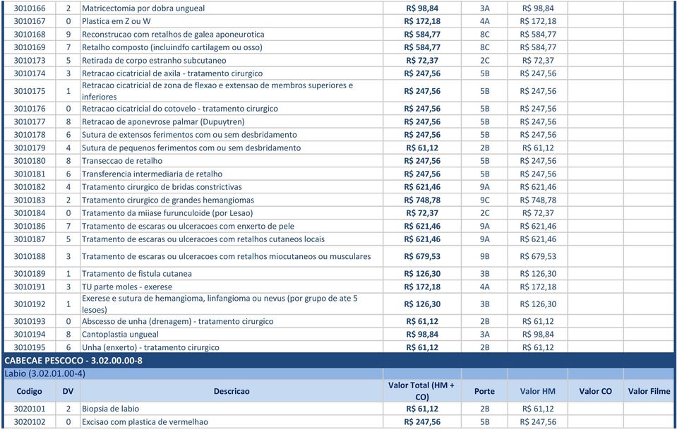 tratamento cirurgico R$ 247,56 5B R$ 247,56 3010175 1 Retracao cicatricial de zona de flexao e extensao de membros superiores e inferiores R$ 247,56 5B R$ 247,56 3010176 0 Retracao cicatricial do