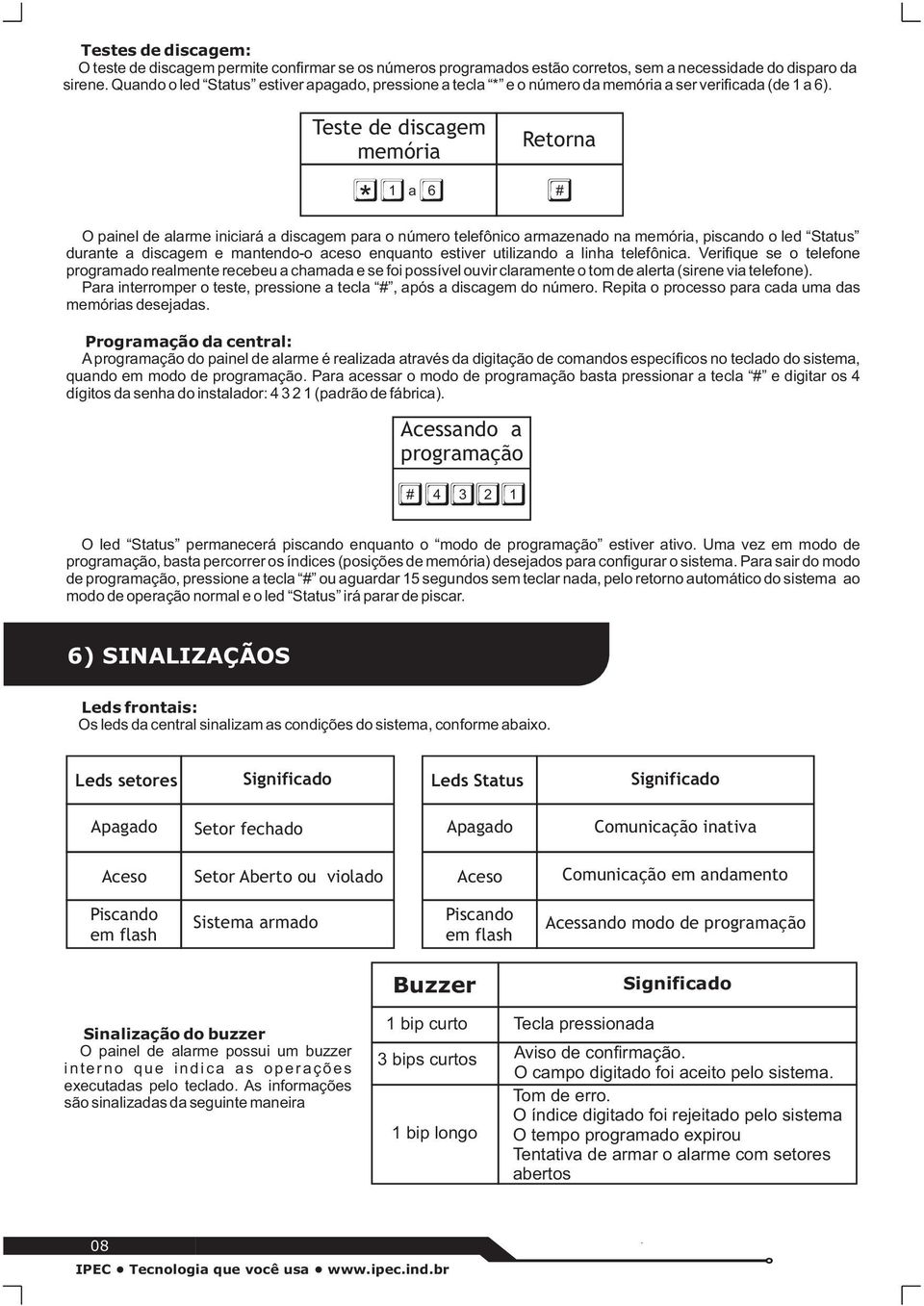 Teste de discagem memória * 1 a 6 Retorna O painel de alarme iniciará a discagem para o número telefônico armazenado na memória, piscando o led Status durante a discagem e mantendo-o aceso enquanto