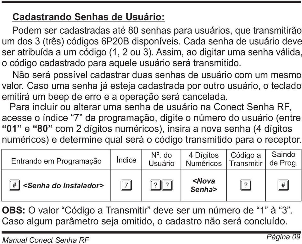 Não será possível cadastrar duas senhas de usuário com um mesmo valor. Caso uma senha já esteja cadastrada por outro usuário, o teclado emitirá um beep de erro e a operação será cancelada.