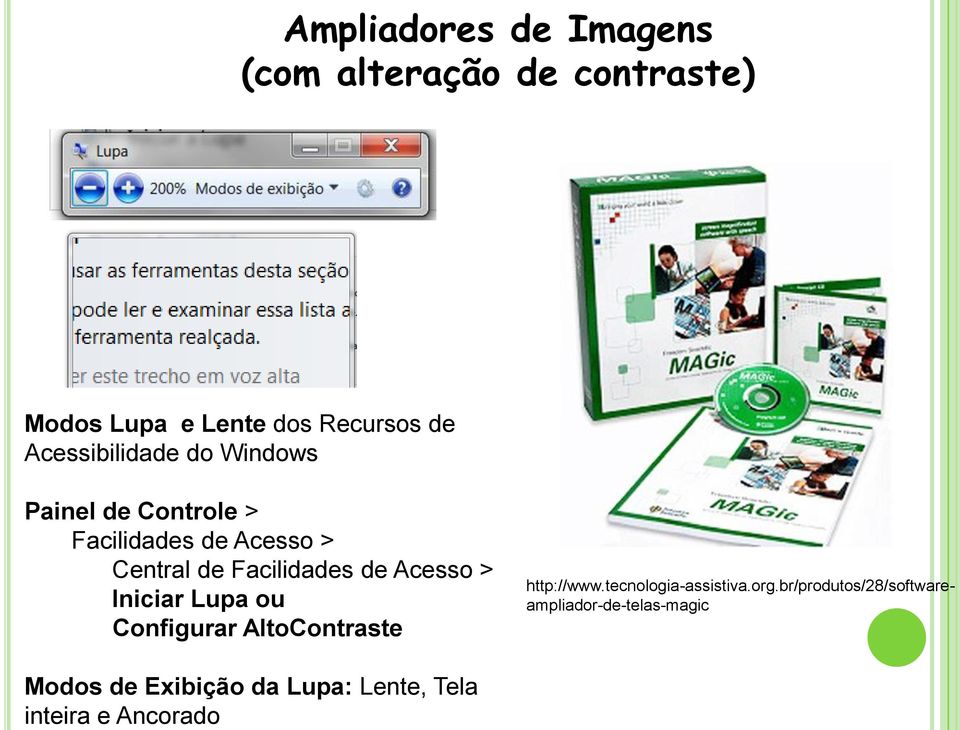 Painel de Controle > Facilidades de Acesso > Central de Facilidades de Acesso > Iniciar Lupa ou