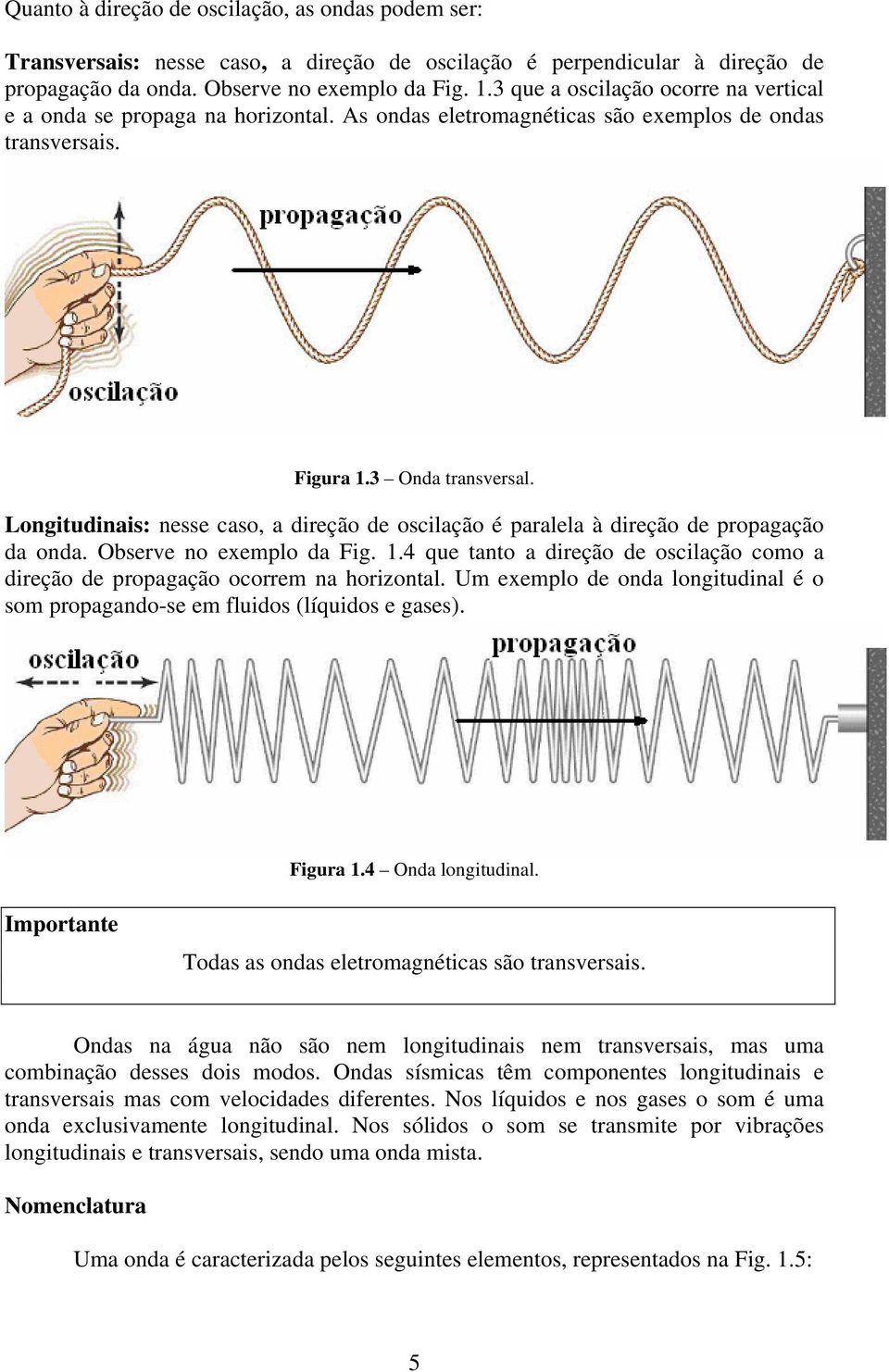 Longitudinais: nesse caso, a direção de oscilação é paralela à direção de propagação da onda. Observe no exemplo da Fig. 1.