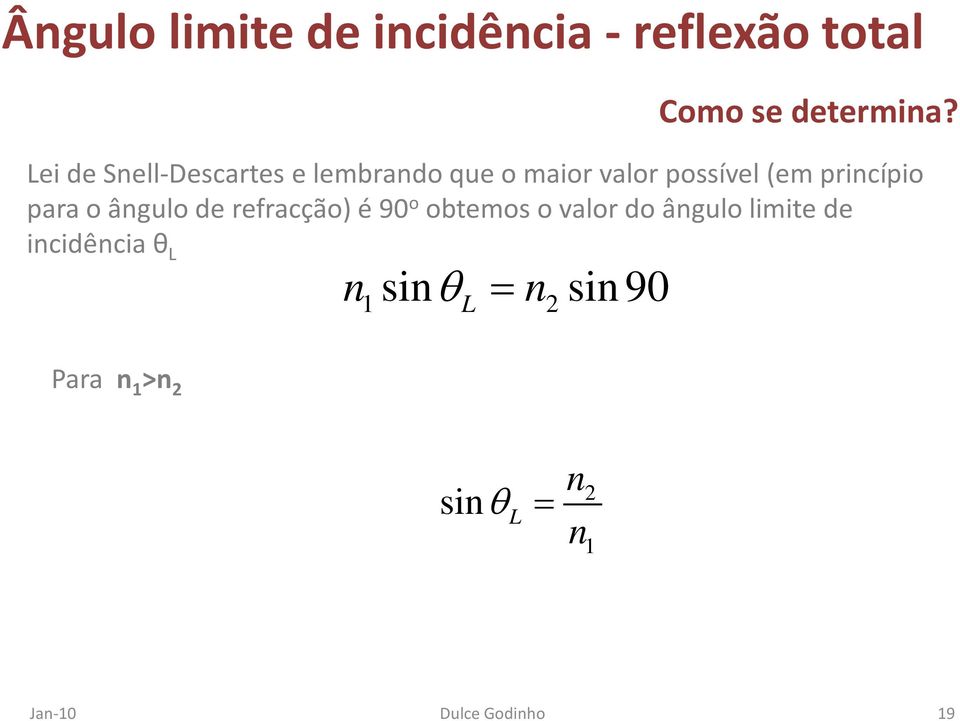 princípio para o ângulo de refracção) é 90 o obtemos o valor do ângulo