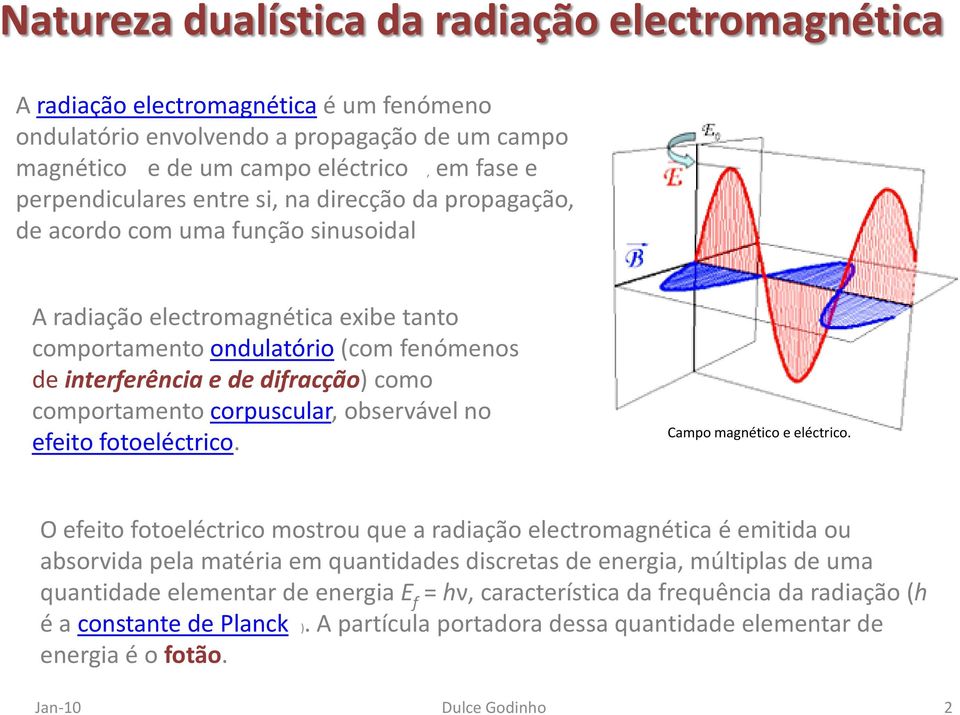 comportamento corpuscular, observável no efeito fotoeléctrico. Campo magnético e eléctrico.