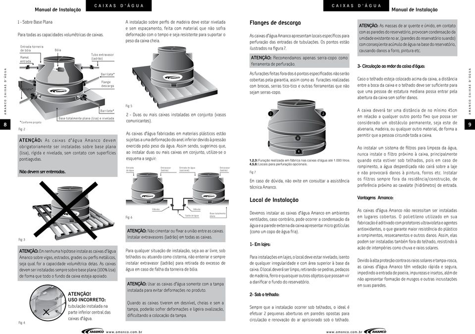 Tubo extravasor (ladrão) Barrilete Flange descarga Barrilete Base totalmente plana (lisa) e nivelada A instalação sobre perfis de madeira deve estar nivelada e sem espaçamento, feita com material que