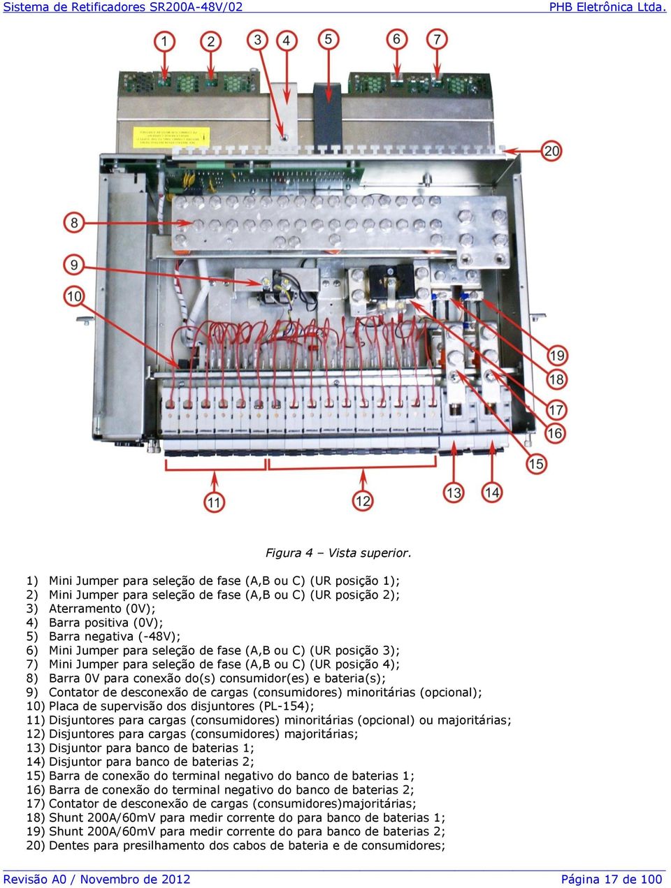 Mini Jumper para seleção de fase (A,B ou C) (UR posição 3); 7) Mini Jumper para seleção de fase (A,B ou C) (UR posição 4); 8) Barra 0V para conexão do(s) consumidor(es) e bateria(s); 9) Contator de