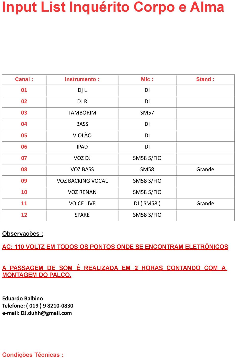 Grande 12 SPARE SM58 S/FIO Observações : AC: 110 VOLTZ EM TODOS OS PONTOS ONDE SE ENCONTRAM ELETRÔNICOS A PASSAGEM DE SOM É REALIZADA