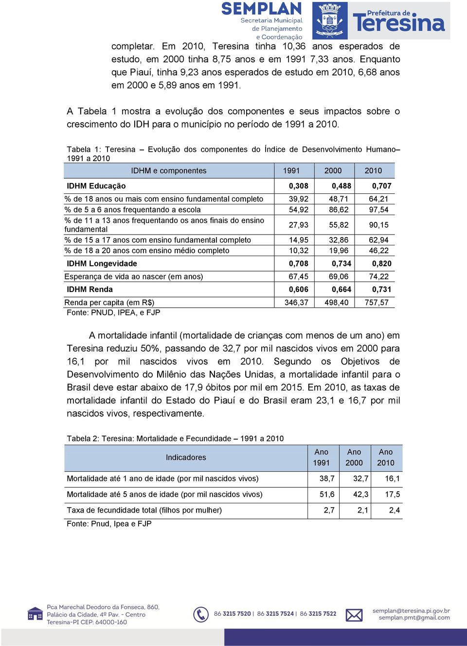 A Tabela 1 mostra a evolução dos componentes e seus impactos sobre o crescimento do IDH para o município no período de 1991 a 2010.