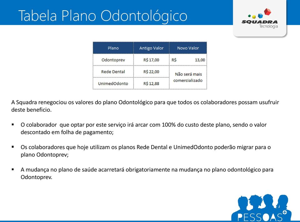 O colaborador que optar por este serviço irá arcar com 100% do custo deste plano, sendo o valor descontado em folha de