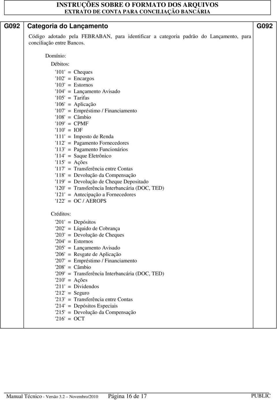 IOF '111' = Imposto de Renda '112' = Pagamento Fornecedores '113' = Pagamento Funcionários '114' = Saque Eletrônico '115' = Ações '117' = Transferência entre Contas '118' = Devolução da Compensação