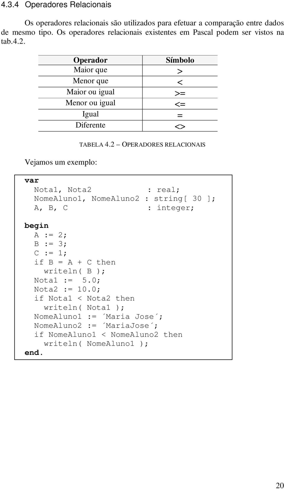 Vejamos um exemplo: Operador Símbolo Maior que > Menor que < Maior ou igual >= Menor ou igual <= Igual = Diferente <> TABELA 4.