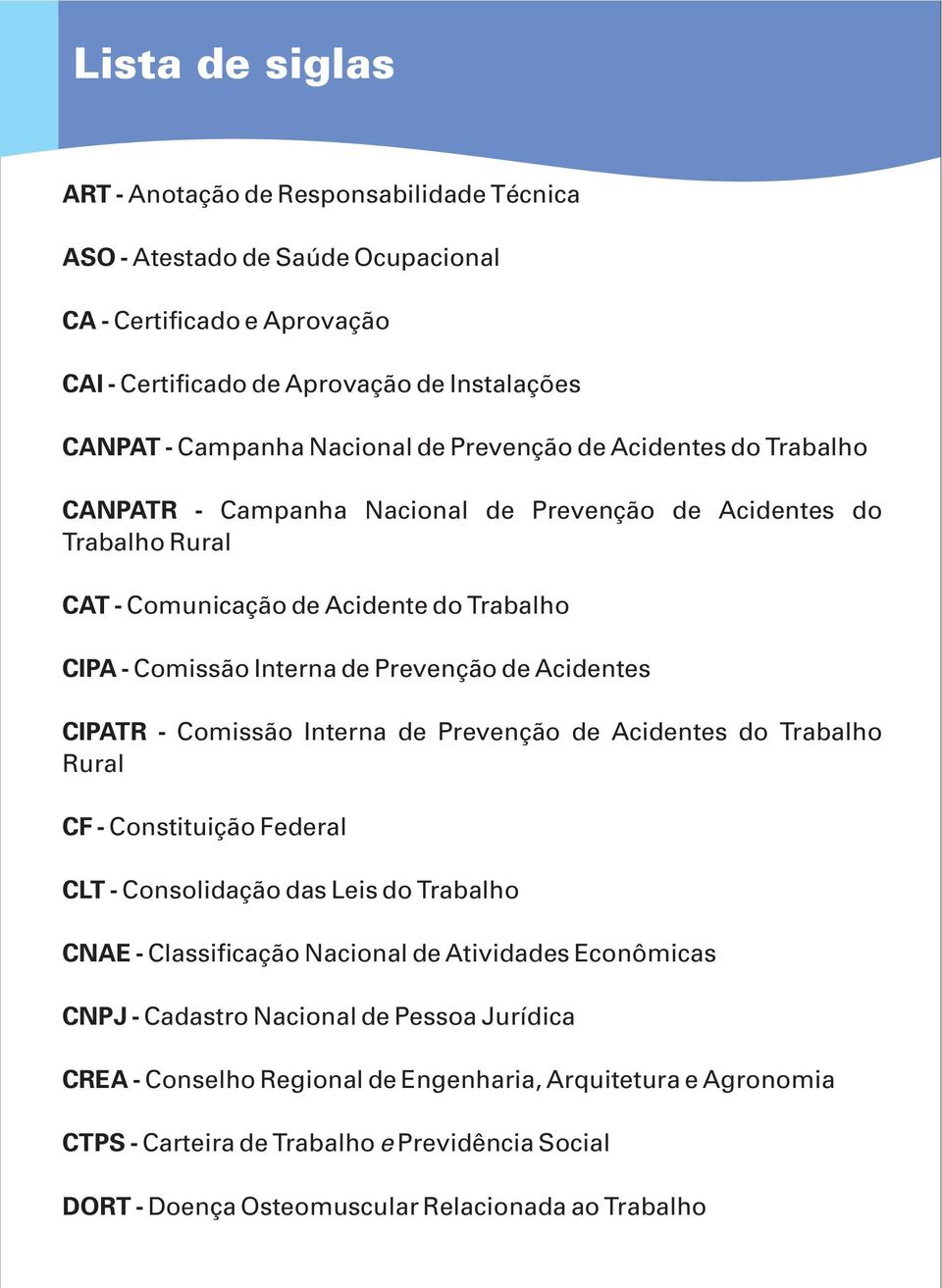 CIPATR - Rural Comissão Interna de Prevenção de Acidentes do Trabalho CF - Constituição Federal CLT - Consolidação das Leis do Trabalho CNAE - Classificação Nacional de Atividades Econômicas CNPJ -