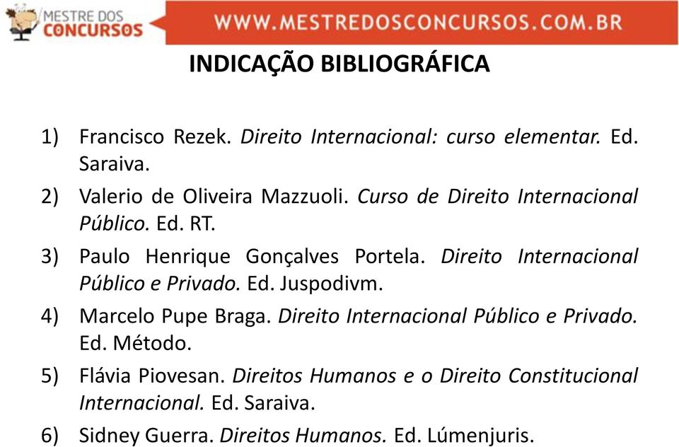 Direito Internacional Público e Privado. Ed. Juspodivm. 4) Marcelo Pupe Braga. Direito Internacional Público e Privado. Ed. Método.